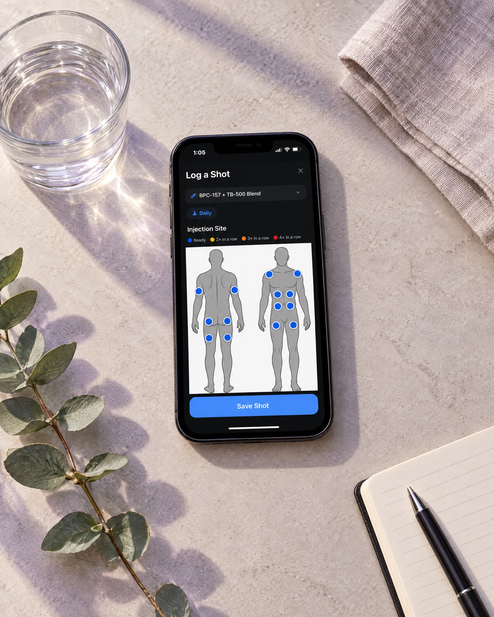 PepPal injection site map on a phone resting on a stone counter
